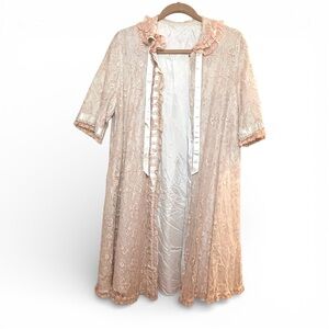 Vintage Odette Barsa Peignor Robe Pale Blue & Pink Lace Overlay Dressing Coat